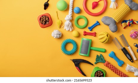 Pet Care Concept, Various Pet Accessories And Tools, Toys, Balls, Brushes On Yellow Background, Flat Lay Pattern