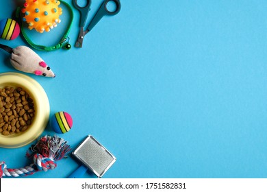 Pet Care And Training Concept. Flat Lay Accessories For Cat And God With Bowl Of Dry Food On Blue Background. Top View.