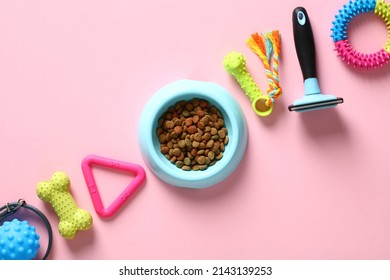 Pet Care, Training, Grooming Concept. Pet Toys, Accessories, Bowl Of Feed On Pink Background. Top View, Flat Lay.