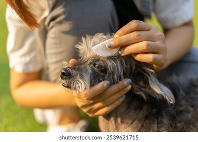 Pet care worker taking care of her cute dog use a cotton pad to wipe your eyes. Hands woman pet owner cleaning eye an old dog on green grass in park. Groomer cleaning the procedure for clean animal. - Powered by Shutterstock