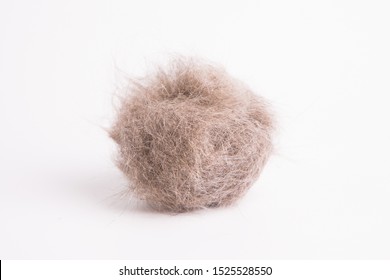 Pet coat. Ball of gray animal hair on a white background. 