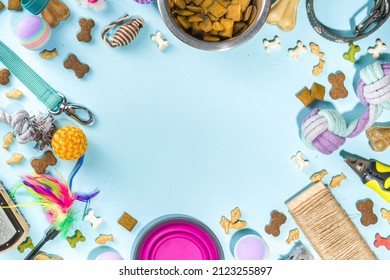 Pet Food And Accessories, Various Cat, Dog, Domestic Animals Food, Toys, Treats, Utensils. Zoomarket And Pet Store, Online Shopping, Pet Care Concept, Flatlay Banner Top View Copespace