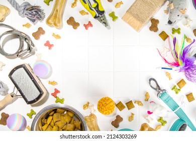 Pet Food And Accessories, Various Cat, Dog, Domestic Animals Food, Toys, Treats, Utensils. Zoomarket And Pet Store, Online Shopping, Pet Care Concept, Flatlay Banner Top View Copespace