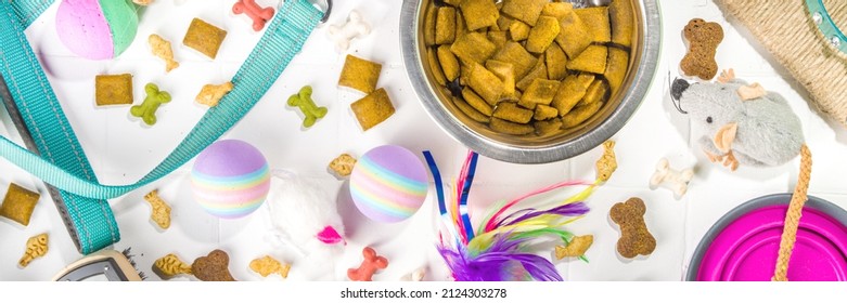 Pet Food And Accessories, Various Cat, Dog, Domestic Animals Food, Toys, Treats, Utensils. Zoomarket And Pet Store, Online Shopping, Pet Care Concept, Flatlay Banner Top View Copespace