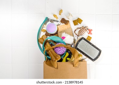 Pet Food And Accessories, Various Cat, Dog, Domestic Animals Food, Toys, Treats, Utensils. Zoomarket And Pet Store, Online Shopping, Pet Care Concept, Flatlay Banner Top View Copespace