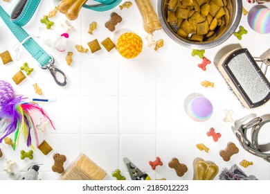 Pet Food And Accessories, Various Cat, Dog, Domestic Animals Food, Toys, Treats, Utensils. Zoomarket And Pet Store, Online Shopping, Pet Care Concept, Flatlay Banner Top View Copespace