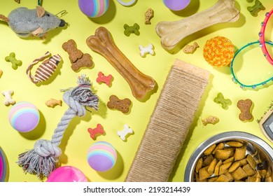 Pet Food And Accessories, Various Cat, Dog, Domestic Animals Food, Toys, Treats, Utensils. Zoomarket And Pet Store, Online Shopping, Pet Care Concept, Flatlay Banner Top View Copespace