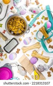 Pet Food And Accessories, Various Cat, Dog, Domestic Animals Food, Toys, Treats, Utensils. Zoomarket And Pet Store, Online Shopping, Pet Care Concept, Flatlay Banner Top View Copespace