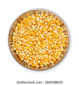 Pet Food Dish Filled With Corn Kernels, Top View. Concept For Too Much Corn Gluten Meal In Pet Food, Cats Don't Eat Corn In Nature Or Cats Are Carnivores. Isolated On White.