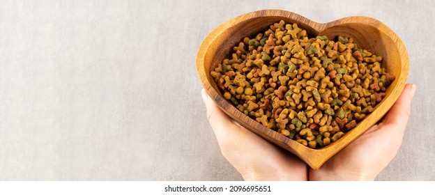 Pet Food In Heart Shaped Bowl In Woman Hands, Pet Love Concept.