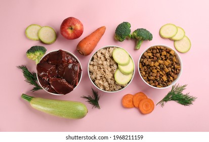 Pet Food And Natural Ingredients On Pink Background, Flat Lay