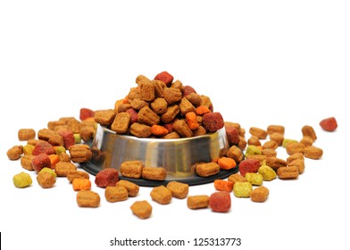 Pet Food In A Silver Bowl On A White Background