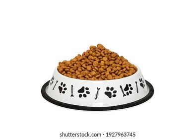 Pet Kibble Food In Bowl Isolated On White