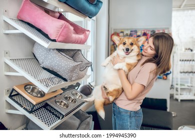 Pet Owner Choosing A Pet Bed In A Pet Shop