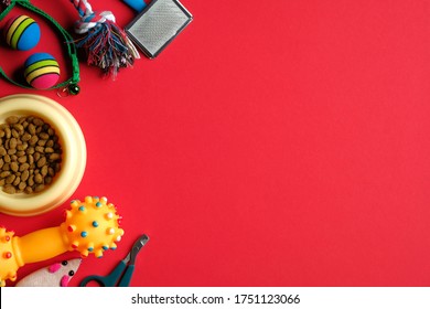 Pet Store Banner Mockup. Flat Lay Accessories For Cat And Dog And Dry Food In Bowl On Red Background. Pet Care And Training Concept