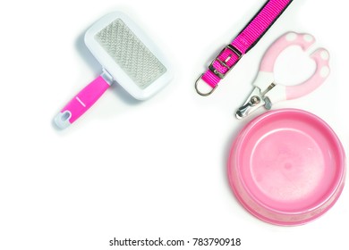 Pet supplies about bowl, collar, nail scissors and brush of pink isolated on white.