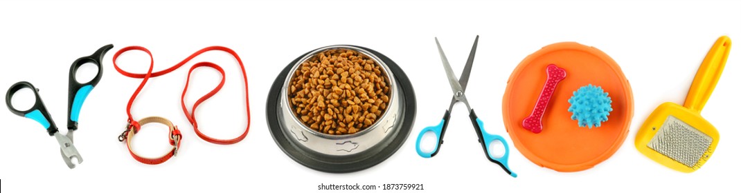 Pet Supplies. Dry Food, Scissors, Combs, Leash And Toys Isolated On White Background. Collage. Wide Photo.