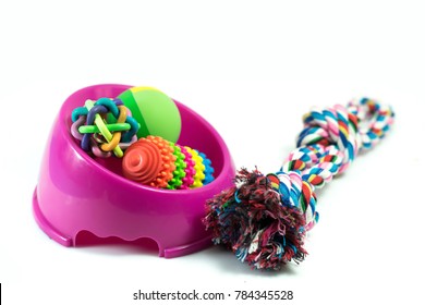 Pet Supplies Set About Bowl, Rope, Rubber Toys For Dog Or Cat On White Background