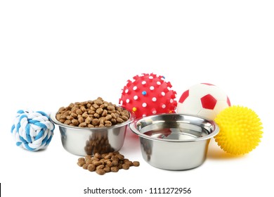 Pet Toys With Cat Food And Water In Bowls On White Background