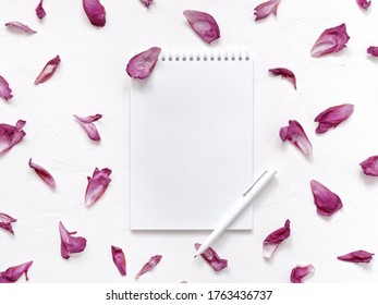 Petal composition. An open blank notebook and a white pen are on a white textured background. The layout is decorated with flower petals. Top view. Flat lay. Copy space.