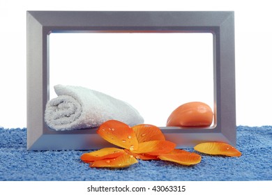 Petal And  Photoframe On The Table In White Background Soap