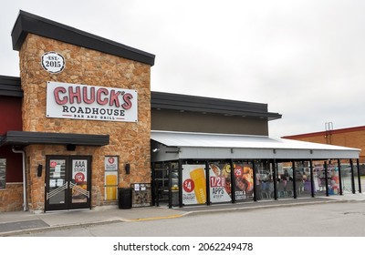 Peterborough, Canada - September 26, 2021: Front Of Chuck's Roadhouse Bar And Grill Restaurant.