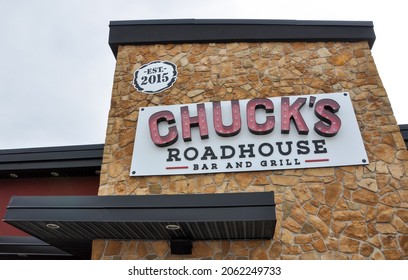 Peterborough, Canada - September 26, 2021: Sign Of Chuck's Roadhouse Bar And Grill In Front Of The Restaurant.