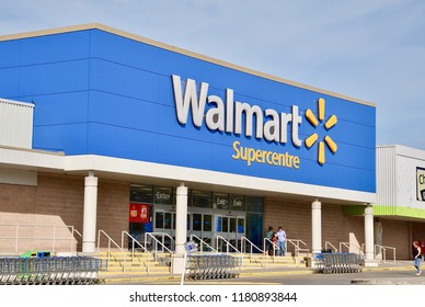 Peterborough, Ontario, Canada - September 7, 2018: Customers in front of Walmart Supercentre at Lansdowne.