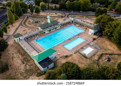 PETERBOROUGH, UK - AUGUST 4, 2022.  An Aerial View Of The Peterborough Vivacity Lido Outdoor Swimming Pool And Leisure Facilities