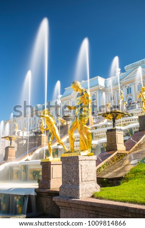 PETERHOF, RUSSIA,  Grand cascade in Pertergof, St-Petersburg. the largest fountain ensembles in the world, comprising more than 60 water fountains. Wide angle lens and long exposition.