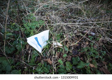 Peterlee / Great Britain - February 15, 2019: Greggs Bakery Paper Bag Thrown Away Into Park Undergrowth As Litter.