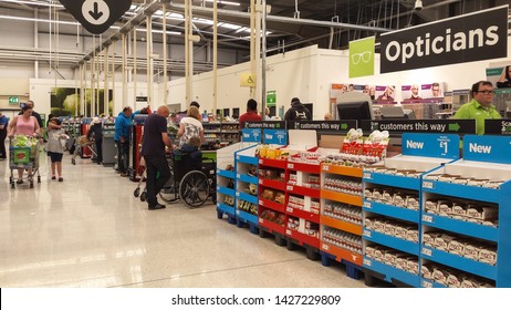 Peterlee / Great Britain - May 23, 2019 : Checkout Area Is Lareg Modern Asda Supermarket Showing Checkouts And Customers