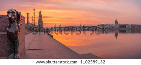 Petersburg. Dawn on Vasilievsky Island. Embankment of St. Petersburg. Sphinx. Neva River. Russia. Panorama of Petersburg.
