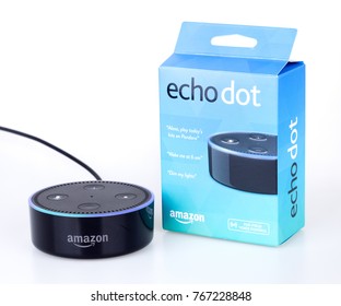 PETERSBURG, ILLINOIS/USA-DECEMBER 1, 2017: Amazon echo dot a handsfree voice controlled device that connects to the Alexa voice service