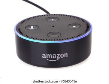 PETERSBURG, ILLINOIS/USA-DECEMBER 1, 2017: Amazon Echo Dot A Handsfree Voice Controlled Device That Connects To The Alexa Voice Service Isolated On White