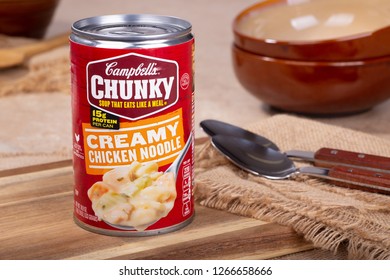 PETERSBURG, ILLINOIS/USA-DECEMBER 21, 2018:Closeup Of A Can Of Campbells Chuncky Creamy Chicken Noodle Soup On A Kitchen Counter