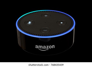 PETERSBURG, ILLINOIS/USA-DECEMBER 3, 2017: Amazon Echo Dot, A Handsfree Voice Controlled Device That Connects To The Alexa Voice Service, Isolated On Black