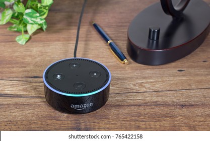 PETERSBURG, ILLINOIS/USA-NOVEMBER 27, 2017: Amazon echo dot, a hands free voice controlled device that connects to the Alexa voice service