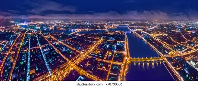 Petersburg map. Map from a height. Night city from a bird's-eye view. Night Petersburg. Russia. St. Petersburg panorama.