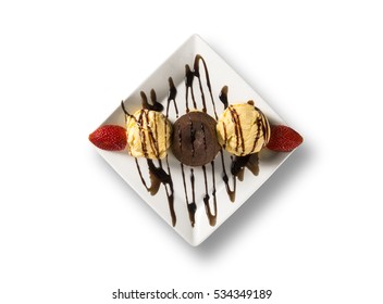 Petit Gateau Dessert With Ice Cream And Strawberry In White Background