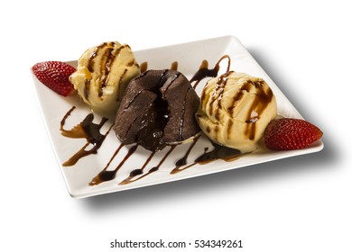 Petit Gateau Dessert With Ice Cream And Strawberry In White Background