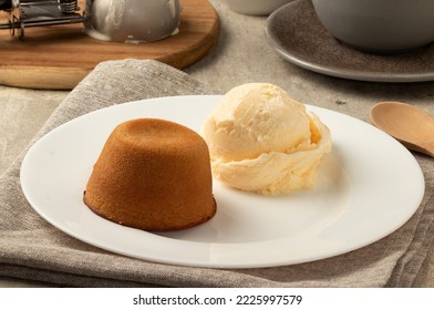 Petit gateau with vanilla ice cream. Selective focus