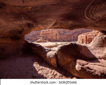 Petra, January 2020,  Jordan: Interior Of Caves And Rock Formation In Petra . View From Cave On To Nabatean Palace