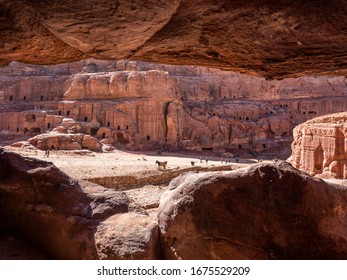 Petra, January 2020,  Jordan: Interior Of Caves And Rock Formation In Petra . View From Cave On To Nabatean Palace