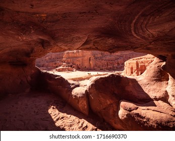 Petra, January 2020,  Jordan: Interior Of Caves And Rock Formation In Petra . View From Cave On To Nabatean Palace