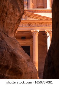 Petra, Jordan, January 2020: Close Up View On Façade Of The Treasury Building  In Petra From The Siq. 