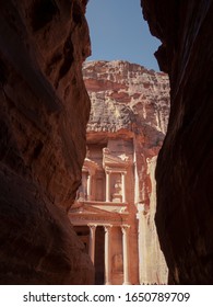 Petra, Jordan, January 2020: Close Up View On Façade Of The Treasury Building  In Petra From The Siq. 