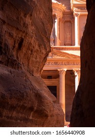 Petra, Jordan, January 2020: Close Up View On Façade Of The Treasury Building  In Petra From The Siq. 