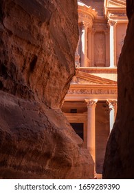 Petra, Jordan, January 2020: Close Up View On Façade Of The Treasury Building  In Petra From The Siq. 