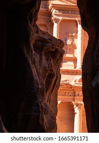 Petra, Jordan, January 2020: Close Up View On Façade Of The Treasury Building  In Petra From The Siq. 